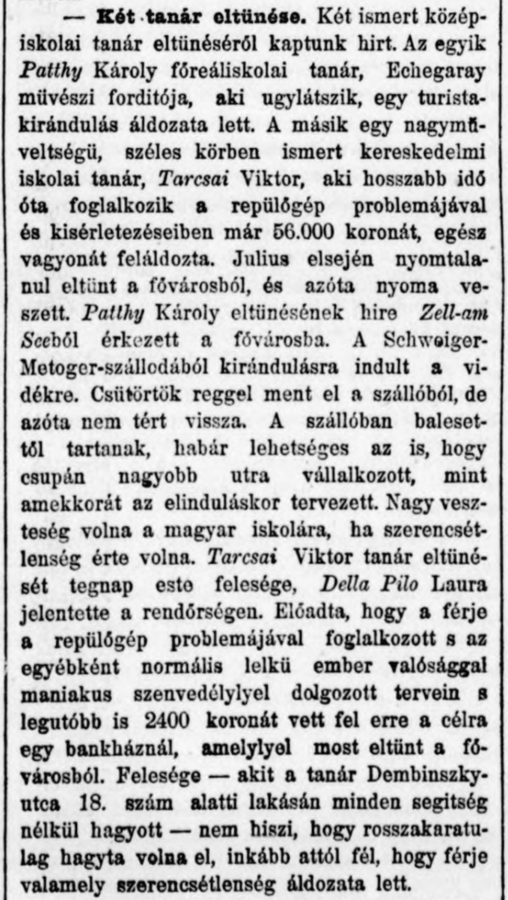 Korabeli újságcikk „Két tanár eltünése” címmel, amely Tarcsai Viktor eltűnéséről és a Dembinszky-utca 18. alatti lakásról ír